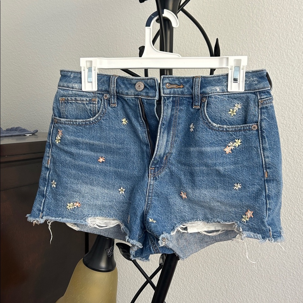 American Eagle Outfitters Blue Jean Shorts with Floral Embroidery